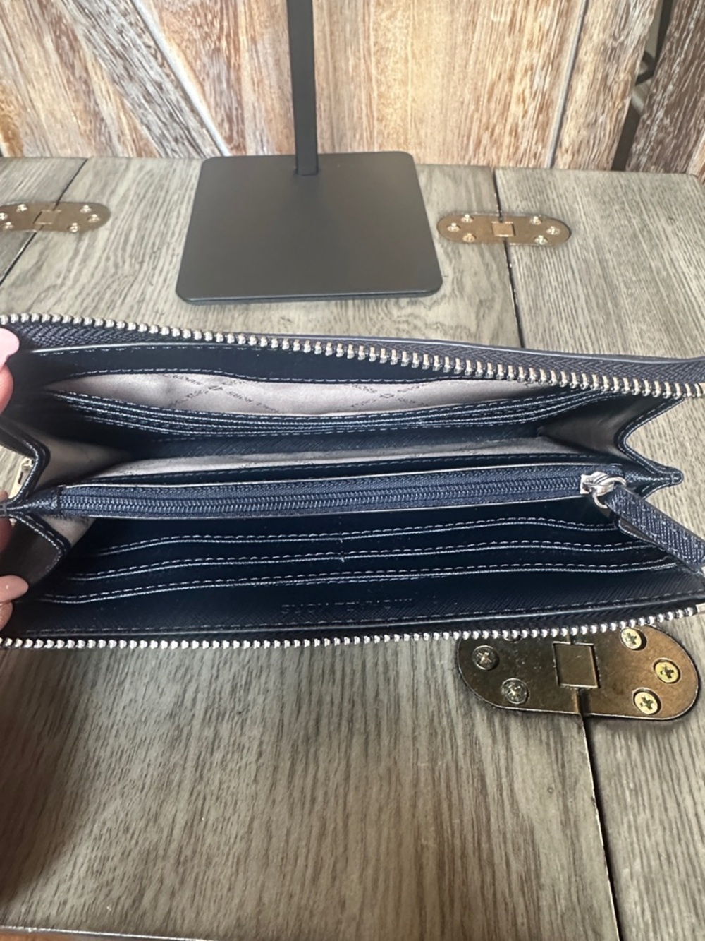Michael Kors Navy MK Logo Zip Wallet with Silver Hardware - Picture 9 of 12
